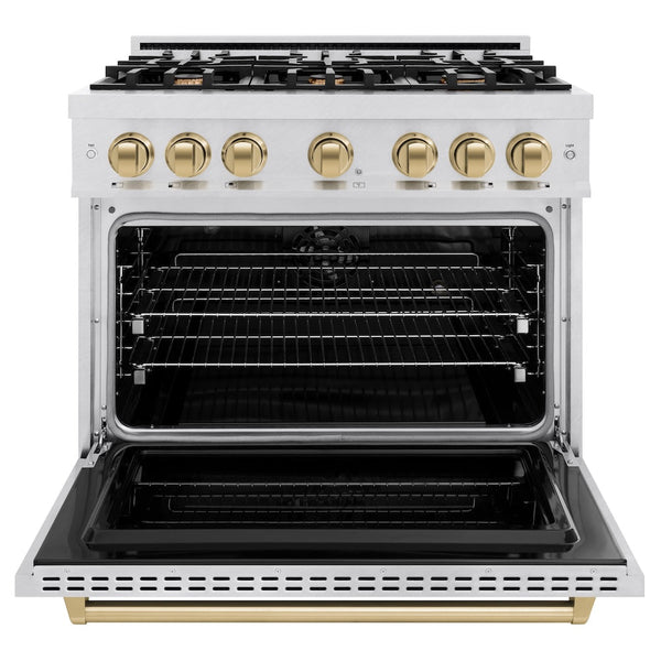 ZLINE Autograph Edition 36 in. 5.2 cu. ft. Classic Dual Fuel Range with 6 Burner Gas Cooktop and Electric Convection Oven in Satin Stainless Steel with Champagne Bronze Accents, Open Box-Good Condition