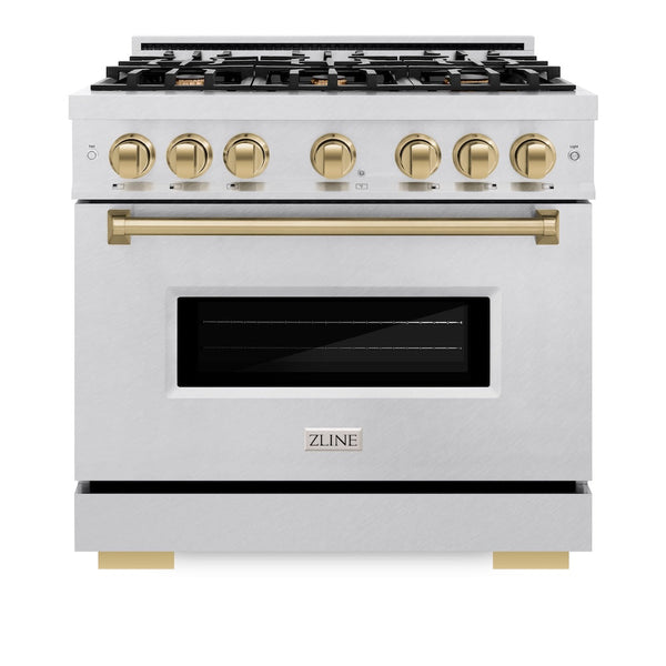ZLINE Autograph Edition 36 in. 5.2 cu. ft. Classic Dual Fuel Range with 6 Burner Gas Cooktop and Electric Convection Oven in Satin Stainless Steel with Champagne Bronze Accents, Open Box-Good Condition