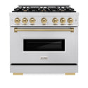 ZLINE Autograph Edition 36 in. 5.2 cu. ft. Classic Dual Fuel Range with 6 Burner Gas Cooktop and Electric Convection Oven in Satin Stainless Steel with Champagne Bronze Accents, Open Box-Great Condition