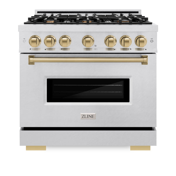 ZLINE Autograph Edition 36 in. 5.2 cu. ft. Classic Dual Fuel Range with 6 Burner Gas Cooktop and Electric Convection Oven in Satin Stainless Steel with Champagne Bronze Accents, Open Box-Great Condition