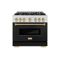 ZLINE Autograph Edition 36 in. 5.2 cu. ft. Classic Dual Fuel Range with 6 Burner Gas Cooktop and Electric Convection Oven in Satin Stainless Steel with Black Matte Door and Champagne Bronze Accents (CDRSZ-BLM-36-CB)