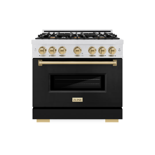 ZLINE Autograph Edition 36 in. 5.2 cu. ft. Classic Dual Fuel Range with 6 Burner Gas Cooktop and Electric Convection Oven in Satin Stainless Steel with Black Matte Door and Champagne Bronze Accents (CDRSZ-BLM-36-CB)
