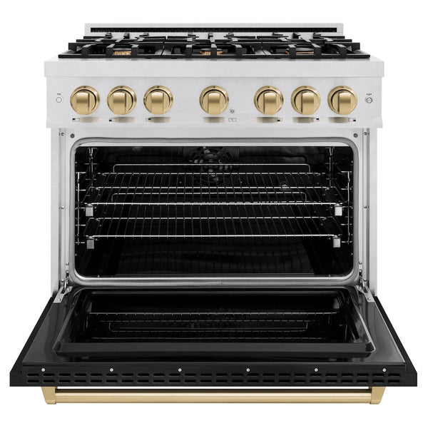 ZLINE Autograph Edition 36 in. 5.2 cu. ft. Classic Dual Fuel Range with 6 Burner Gas Cooktop and Electric Convection Oven in Satin Stainless Steel with Black Matte Door and Champagne Bronze Accents, Open Box-Good Condition