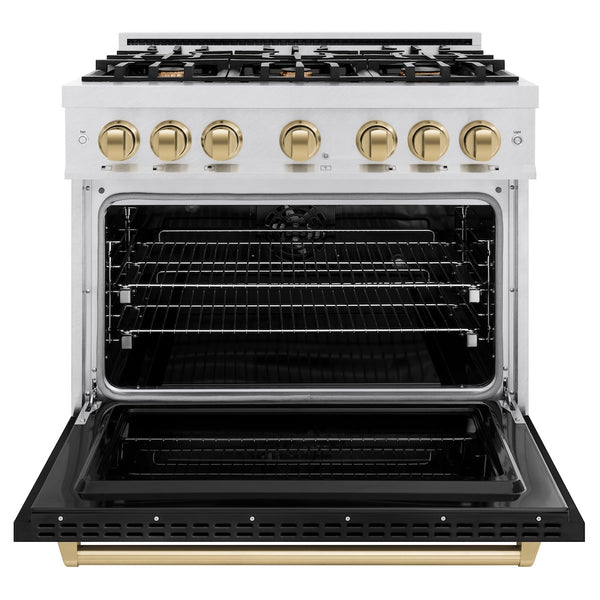 ZLINE Autograph Edition 36 in. 5.2 cu. ft. Classic Dual Fuel Range with 6 Burner Gas Cooktop and Electric Convection Oven in Satin Stainless Steel with Black Matte Door and Champagne Bronze Accents, Open Box-Great Condition