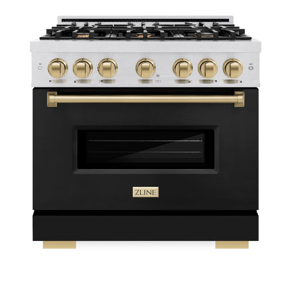 ZLINE Autograph Edition 36 in. 5.2 cu. ft. Classic Dual Fuel Range with 6 Burner Gas Cooktop and Electric Convection Oven in Satin Stainless Steel with Black Matte Door and Champagne Bronze Accents, Open Box-Good Condition