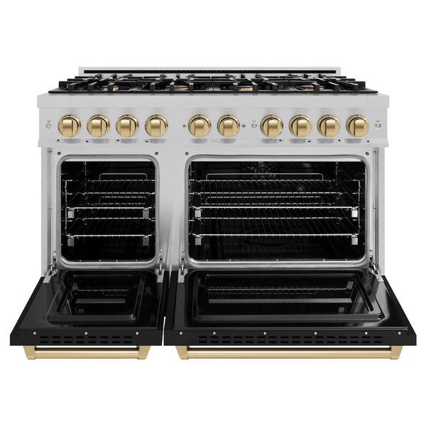 ZLINE Autograph Edition 48 in. 6.7 cu. ft. Classic Double Oven Dual Fuel Range with 8 Burner Gas Cooktop in Satin Stainless Steel with Black Matte Doors and Champagne Bronze Accents, Open Box-Good Condition