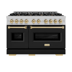 ZLINE Autograph Edition 48 in. 6.7 cu. ft. Classic Double Oven Dual Fuel Range with 8 Burner Gas Cooktop in Satin Stainless Steel with Black Matte Doors and Champagne Bronze Accents (CDRSZ-BLM-48-CB)