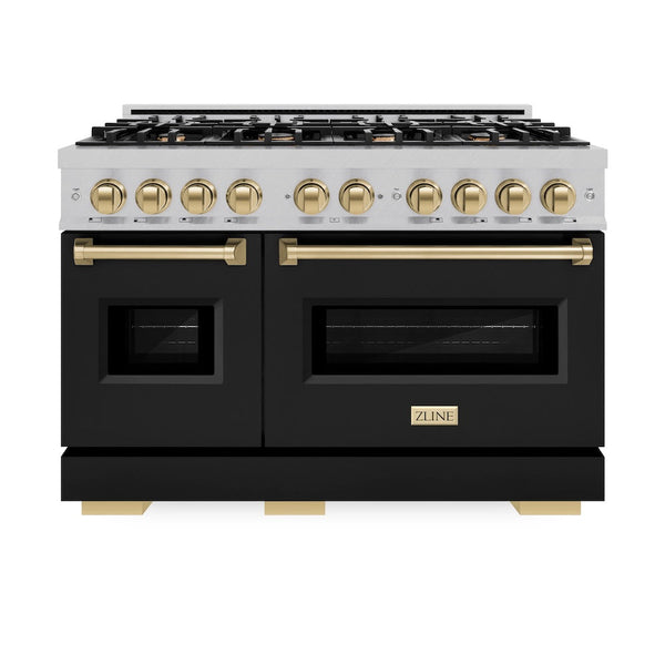 ZLINE Autograph Edition 48 in. 6.7 cu. ft. Classic Double Oven Dual Fuel Range with 8 Burner Gas Cooktop in Satin Stainless Steel with Black Matte Doors and Champagne Bronze Accents, Open Box-Good Condition