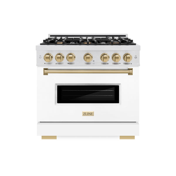 ZLINE Autograph Edition 36 in. 5.2 cu. ft. Classic Dual Fuel Range with 6 Burner Gas Cooktop and Electric Convection Oven in Satin Stainless Steel with White Matte Door and Champagne Bronze Accents, Open Box-Great Condition