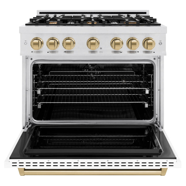 ZLINE Autograph Edition 36 in. 5.2 cu. ft. Classic Dual Fuel Range with 6 Burner Gas Cooktop and Electric Convection Oven in Satin Stainless Steel with White Matte Door and Champagne Bronze Accents, Open Box-Great Condition
