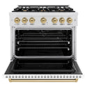 ZLINE Autograph Edition 36 in. 5.2 cu. ft. Classic Dual Fuel Range with 6 Burner Gas Cooktop and Electric Convection Oven in Satin Stainless Steel with White Matte Door and Champagne Bronze Accents, Open Box-Good Condition