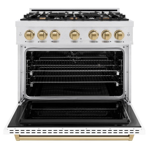 ZLINE Autograph Edition 36 in. 5.2 cu. ft. Classic Dual Fuel Range with 6 Burner Gas Cooktop and Electric Convection Oven in Satin Stainless Steel with White Matte Door and Champagne Bronze Accents, Open Box-Good Condition
