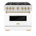 ZLINE Autograph Edition 36 in. 5.2 cu. ft. Classic Dual Fuel Range with 6 Burner Gas Cooktop and Electric Convection Oven in Satin Stainless Steel with White Matte Door and Champagne Bronze Accents, Open Box-Great Condition