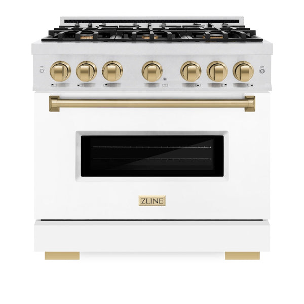ZLINE Autograph Edition 36 in. 5.2 cu. ft. Classic Dual Fuel Range with 6 Burner Gas Cooktop and Electric Convection Oven in Satin Stainless Steel with White Matte Door and Champagne Bronze Accents, Open Box-Good Condition