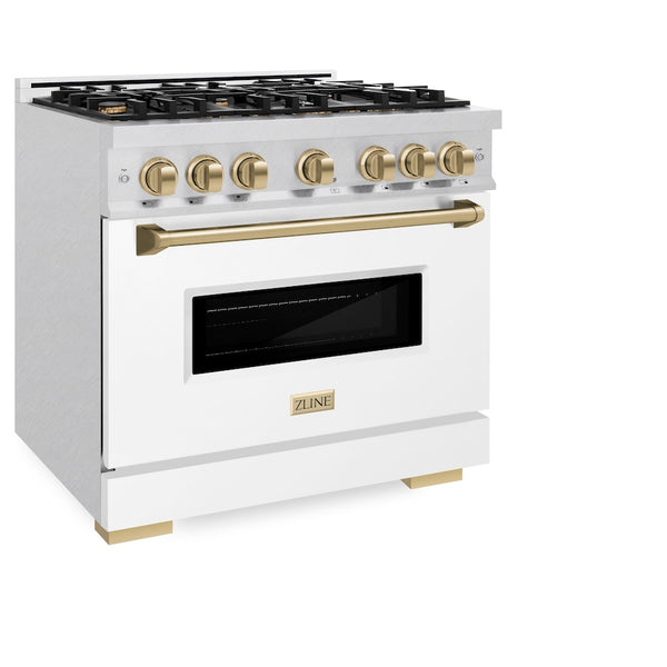 ZLINE Autograph Edition 36 in. 5.2 cu. ft. Classic Dual Fuel Range with 6 Burner Gas Cooktop and Electric Convection Oven in Satin Stainless Steel with White Matte Door and Champagne Bronze Accents, Open Box-Great Condition