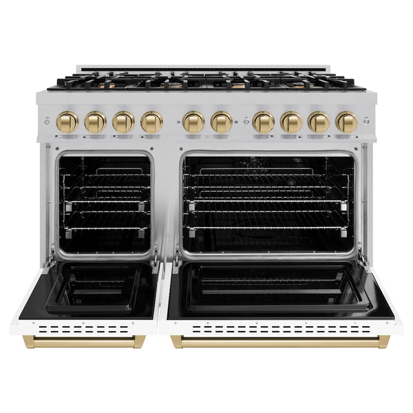 ZLINE Autograph Edition 48 in. 6.7 cu. ft. Classic Double Oven Dual Fuel Range with 8 Burner Gas Cooktop in Satin Stainless Steel with White Matte Doors and Champagne Bronze Accents, Open Box-Great Condition
