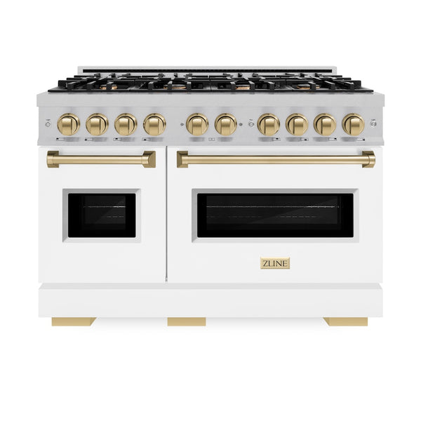 ZLINE Autograph Edition 48 in. 6.7 cu. ft. Classic Double Oven Dual Fuel Range with 8 Burner Gas Cooktop in Satin Stainless Steel with White Matte Doors and Champagne Bronze Accents, Open Box-Great Condition