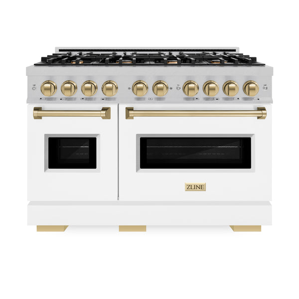 ZLINE Autograph Edition 48 in. 6.7 cu. ft. Classic Double Oven Dual Fuel Range with 8 Burner Gas Cooktop in Satin Stainless Steel with White Matte Doors and Champagne Bronze Accents (CDRSZ-WM-48-CB)