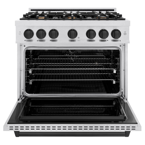 ZLINE Autograph Edition 36 in. 5.2 cu. ft. Classic Dual Fuel Range with 6 Burner Gas Cooktop and Electric Convection Oven in Satin Stainless Steel with Matte Black Accents, Open Box-Great Condition