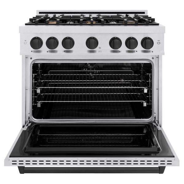 ZLINE Autograph Edition 36 in. 5.2 cu. ft. Classic Dual Fuel Range with 6 Burner Gas Cooktop and Electric Convection Oven in Satin Stainless Steel with Matte Black Accents, Open Box-Good Condition