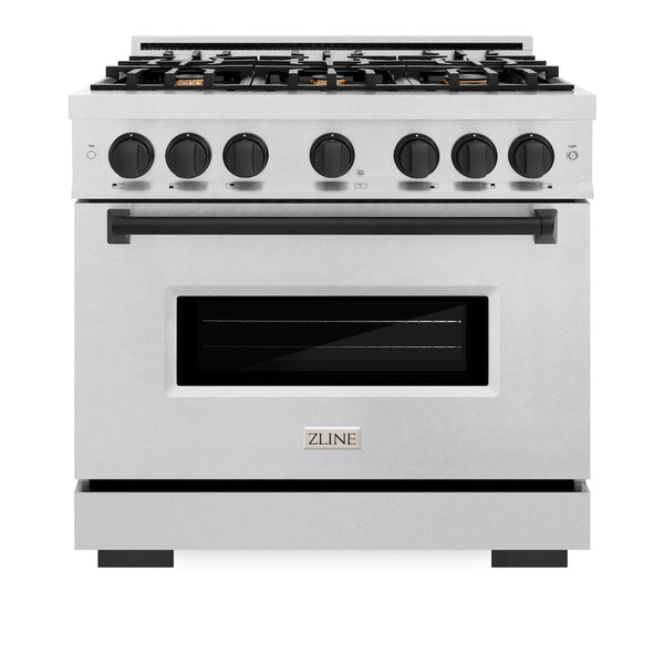 ZLINE Autograph Edition 36 in. 5.2 cu. ft. Classic Dual Fuel Range with 6 Burner Gas Cooktop and Electric Convection Oven in Satin Stainless Steel with Matte Black Accents, Open Box-Good Condition