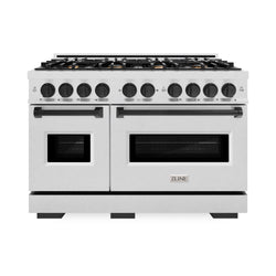 ZLINE Autograph Edition 48 in. 6.7 cu. ft. Classic Double Oven Dual Fuel Range with 8 Burner Gas Cooktop in Satin Stainless Steel with White Matte Doors and Matte Black Accents (CDRSZ-WM-48-MB)