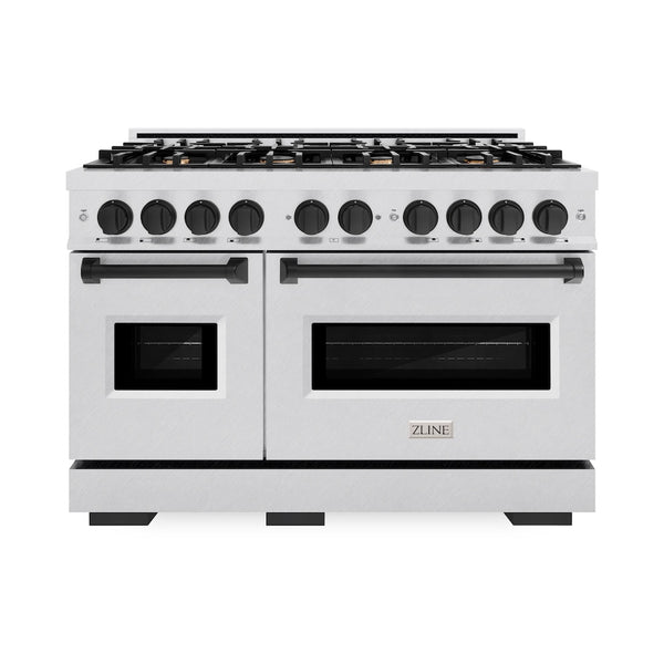 ZLINE Autograph Edition 48 in. 6.7 cu. ft. Classic Double Oven Dual Fuel Range with 8 Burner Gas Cooktop in Satin Stainless Steel and Matte Black Accents, Open Box-Great Condition