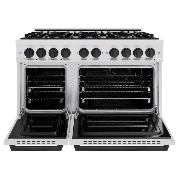 ZLINE Autograph Edition 48 in. 6.7 cu. ft. Classic Double Oven Dual Fuel Range with 8 Burner Gas Cooktop in Satin Stainless Steel and Matte Black Accents, Open Box-Good Condition