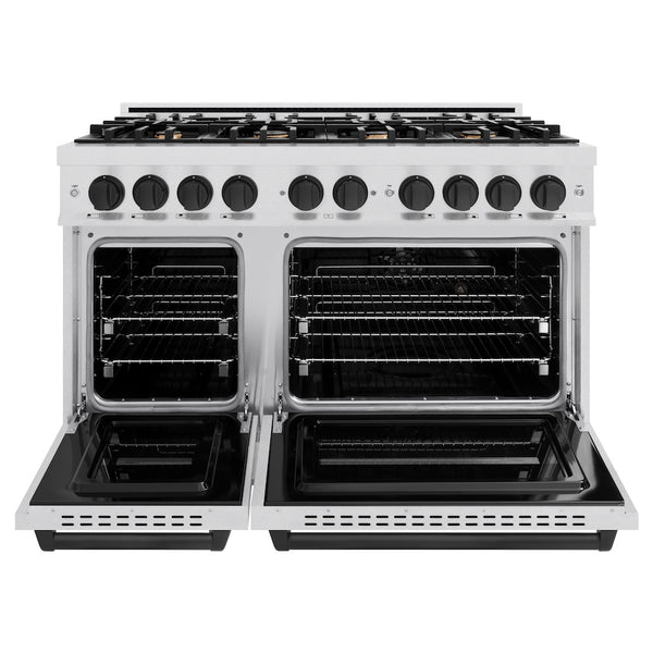 ZLINE Autograph Edition 48 in. 6.7 cu. ft. Classic Double Oven Dual Fuel Range with 8 Burner Gas Cooktop in Satin Stainless Steel and Matte Black Accents, Open Box-Great Condition