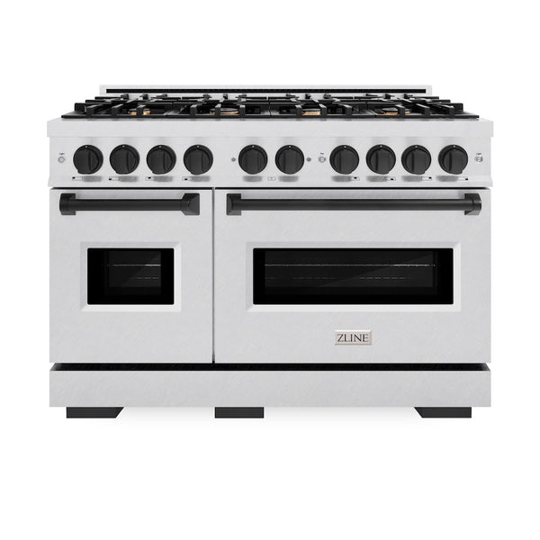 ZLINE Autograph Edition 48 in. 6.7 cu. ft. Classic Double Oven Dual Fuel Range with 8 Burner Gas Cooktop in Satin Stainless Steel and Matte Black Accents, Open Box-Great Condition