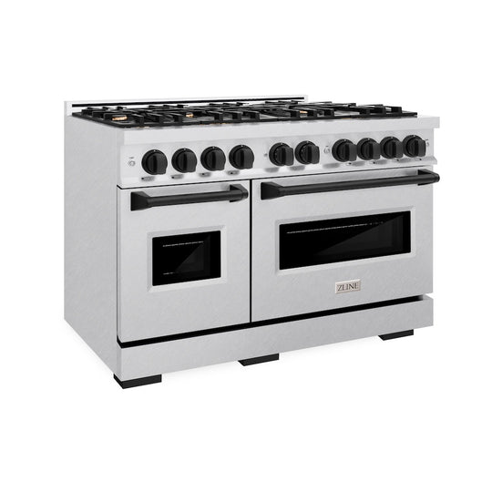 ZLINE Autograph Edition 48 in. 6.7 cu. ft. Classic Double Oven Dual Fuel Range with 8 Burner Gas Cooktop in Satin Stainless Steel and Matte Black Accents, Open Box-Great Condition