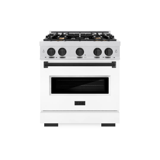 ZLINE Autograph Edition 30 in. 4.2 cu. ft. Classic Dual Fuel Range with 4 Burner Gas Cooktop and Electric Convection Oven in Satin Stainless Steel with White Matte Door and Matte Black Accents (CDRSZ-WM-30-MB)