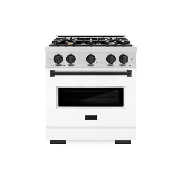 ZLINE Autograph Edition 30 in. 4.2 cu. ft. Classic Dual Fuel Range with 4 Burner Gas Cooktop and Electric Convection Oven in Satin Stainless Steel with White Matte Door and Matte Black Accents, Open Box-Great Condition