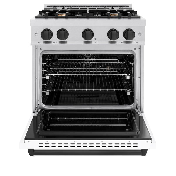 ZLINE Autograph Edition 30 in. 4.2 cu. ft. Classic Dual Fuel Range with 4 Burner Gas Cooktop and Electric Convection Oven in Satin Stainless Steel with White Matte Door and Matte Black Accents, Open Box-Great Condition