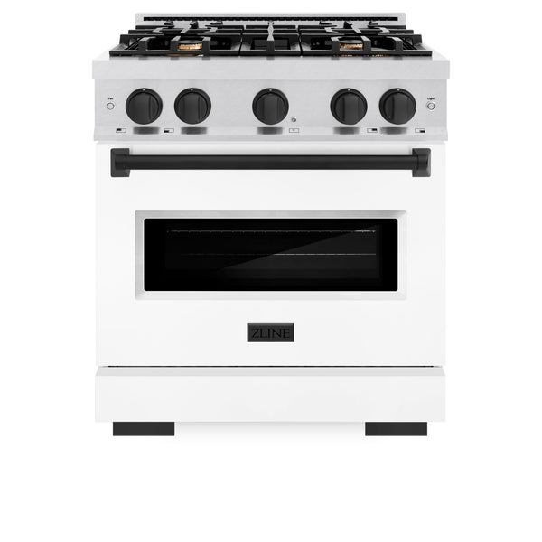 ZLINE Autograph Edition 30 in. 4.2 cu. ft. Classic Dual Fuel Range with 4 Burner Gas Cooktop and Electric Convection Oven in Satin Stainless Steel with White Matte Door and Matte Black Accents (CDRSZ-WM-30-MB)