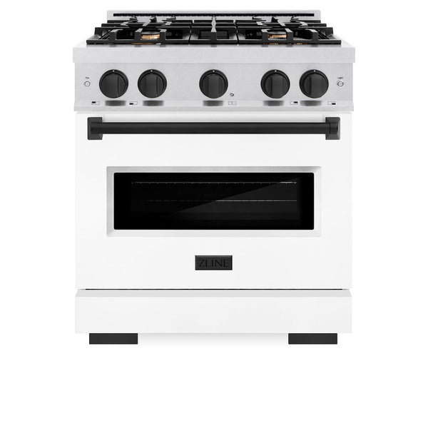 ZLINE Autograph Edition 30 in. 4.2 cu. ft. Classic Dual Fuel Range with 4 Burner Gas Cooktop and Electric Convection Oven in Satin Stainless Steel with White Matte Door and Matte Black Accents, Open Box-Good Condition