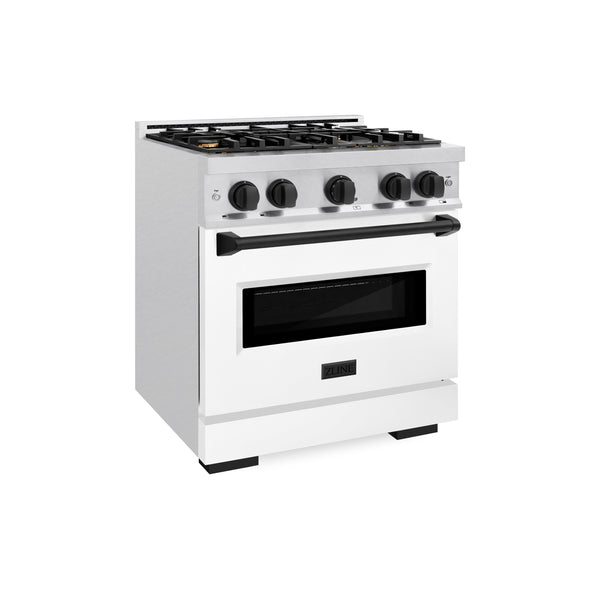 ZLINE Autograph Edition 30 in. 4.2 cu. ft. Classic Dual Fuel Range with 4 Burner Gas Cooktop and Electric Convection Oven in Satin Stainless Steel with White Matte Door and Matte Black Accents (CDRSZ-WM-30-MB)