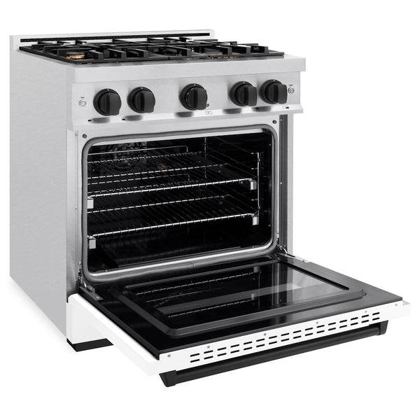 ZLINE Autograph Edition 30 in. 4.2 cu. ft. Classic Dual Fuel Range with 4 Burner Gas Cooktop and Electric Convection Oven in Satin Stainless Steel with White Matte Door and Matte Black Accents, Open Box-Good Condition