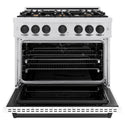 ZLINE Autograph Edition 36 in. 5.2 cu. ft. Classic Dual Fuel Range with 6 Burner Gas Cooktop and Electric Convection Oven in Satin Stainless Steel with White Matte Door and Matte Black Accents, Open Box-Good Condition
