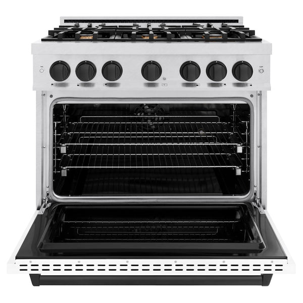 ZLINE Autograph Edition 36 in. 5.2 cu. ft. Classic Dual Fuel Range with 6 Burner Gas Cooktop and Electric Convection Oven in Satin Stainless Steel with White Matte Door and Matte Black Accents, Open Box-Good Condition