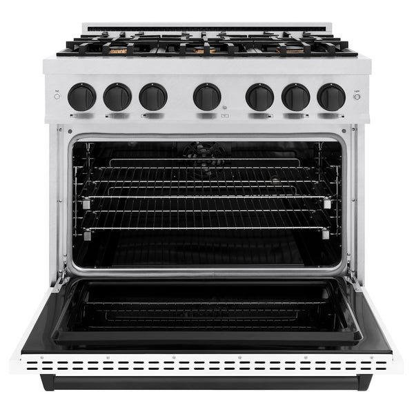 ZLINE Autograph Edition 36 in. 5.2 cu. ft. Classic Dual Fuel Range with 6 Burner Gas Cooktop and Electric Convection Oven in Satin Stainless Steel with White Matte Door and Matte Black Accents, Open Box-Great Condition