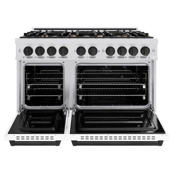 ZLINE Autograph Edition 48 in. 6.7 cu. ft. Classic Double Oven Dual Fuel Range with 8 Burner Gas Cooktop in Satin Stainless Steel with White Matte Doors and Matte Black Accents, Open Box-Great Condition