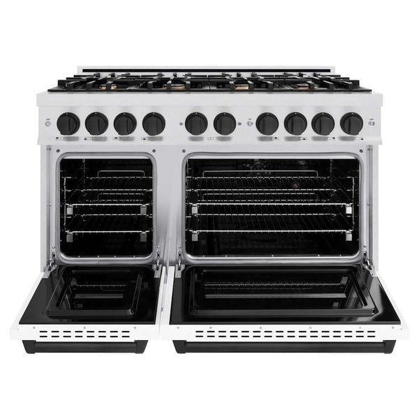 ZLINE Autograph Edition 48 in. 6.7 cu. ft. Classic Double Oven Dual Fuel Range with 8 Burner Gas Cooktop in Satin Stainless Steel with White Matte Doors and Matte Black Accents, Open Box-Good Condition