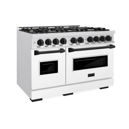 ZLINE Autograph Edition 48 in. 6.7 cu. ft. Classic Double Oven Dual Fuel Range with 8 Burner Gas Cooktop in Satin Stainless Steel with White Matte Doors and Matte Black Accents, Open Box-Great Condition