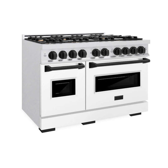 ZLINE Autograph Edition 48 in. 6.7 cu. ft. Classic Double Oven Dual Fuel Range with 8 Burner Gas Cooktop in Satin Stainless Steel with White Matte Doors and Matte Black Accents, Open Box-Good Condition