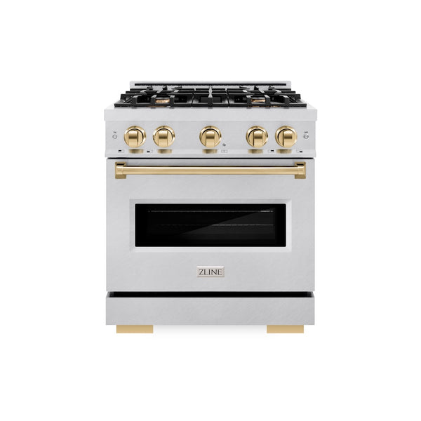ZLINE Autograph Edition 30 in. 4.2 cu. ft. Classic Dual Fuel Range with 4 Burner Gas Cooktop and Electric Convection Oven in Satin Stainless Steel with Polished Gold Accents, Open Box-Great Condition