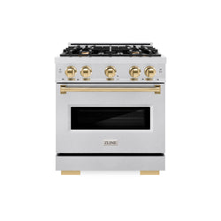 ZLINE Autograph Edition 30 in. 4.2 cu. ft. Classic Dual Fuel Range with 4 Burner Gas Cooktop and Electric Convection Oven in Satin Stainless Steel with Polished Gold Accents (CDRSZ-30-G)