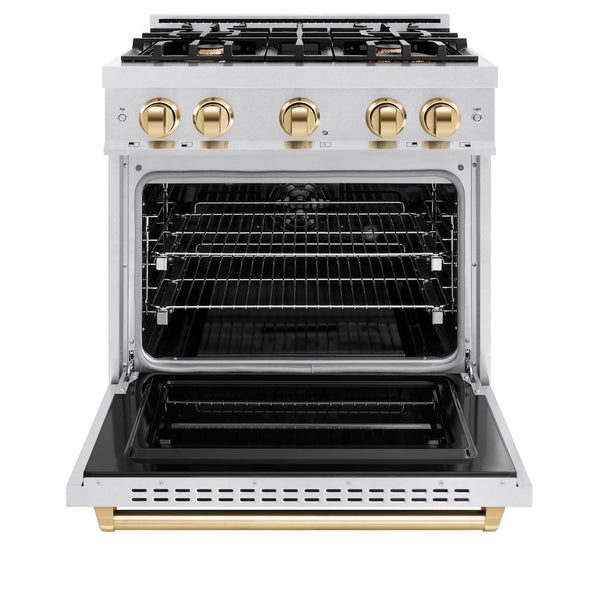 ZLINE Autograph Edition 30 in. 4.2 cu. ft. Classic Dual Fuel Range with 4 Burner Gas Cooktop and Electric Convection Oven in Satin Stainless Steel with Polished Gold Accents, Open Box-Good Condition
