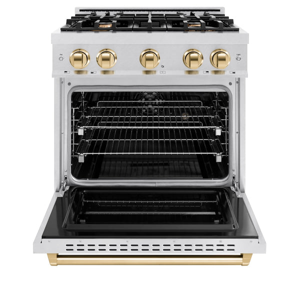 ZLINE Autograph Edition 30 in. 4.2 cu. ft. Classic Dual Fuel Range with 4 Burner Gas Cooktop and Electric Convection Oven in Satin Stainless Steel with Polished Gold Accents, Open Box-Great Condition