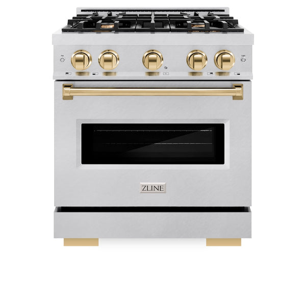 ZLINE Autograph Edition 30 in. 4.2 cu. ft. Classic Dual Fuel Range with 4 Burner Gas Cooktop and Electric Convection Oven in Satin Stainless Steel with Polished Gold Accents, Open Box-Great Condition